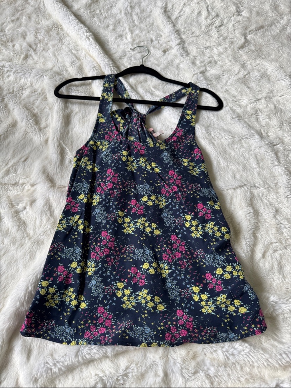Juicy Couture Silk Navy Floral Crossback Tank with Pink & Yellow Flowers